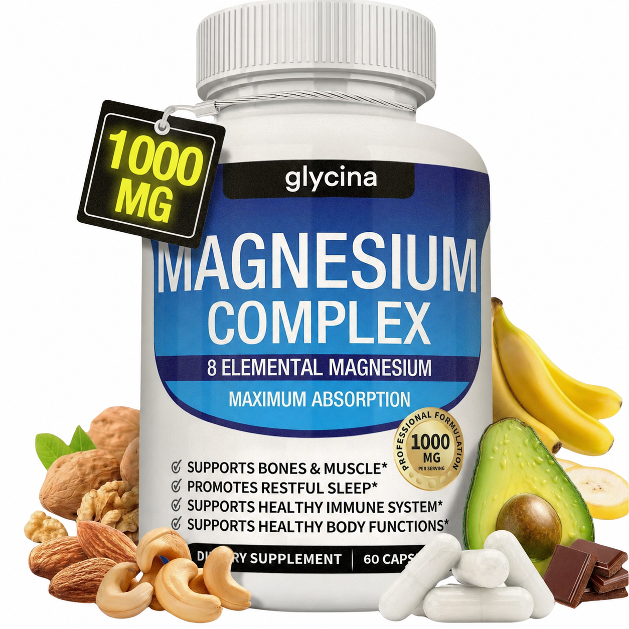 Glycina Magnesium Complex - 8 elemental magnesium, 1000mg, 60 capsules
