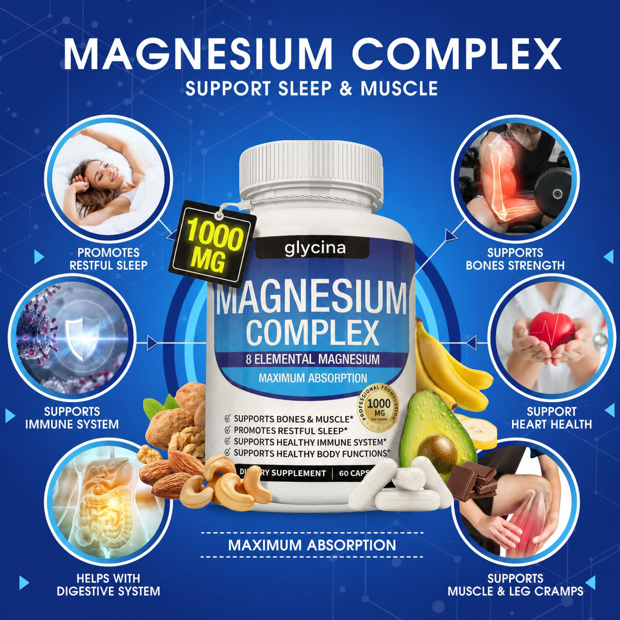 Glycina Magnesium Complex - benefits: sleep, muscle, immune, bones, heart, digestion