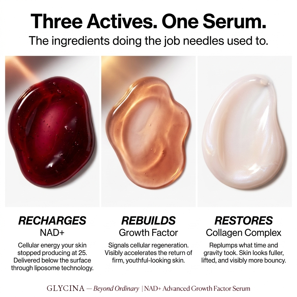 Glycina NAD+ EGF Firming Serum — three actives: NAD+, growth factor, collagen complex
